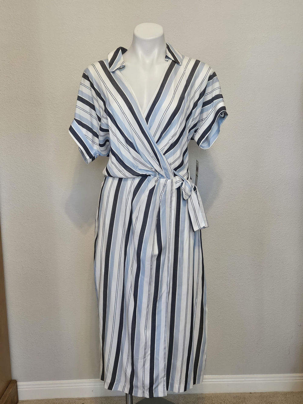 London Fog Striped Wrap Midi Dress in Light Blue and White